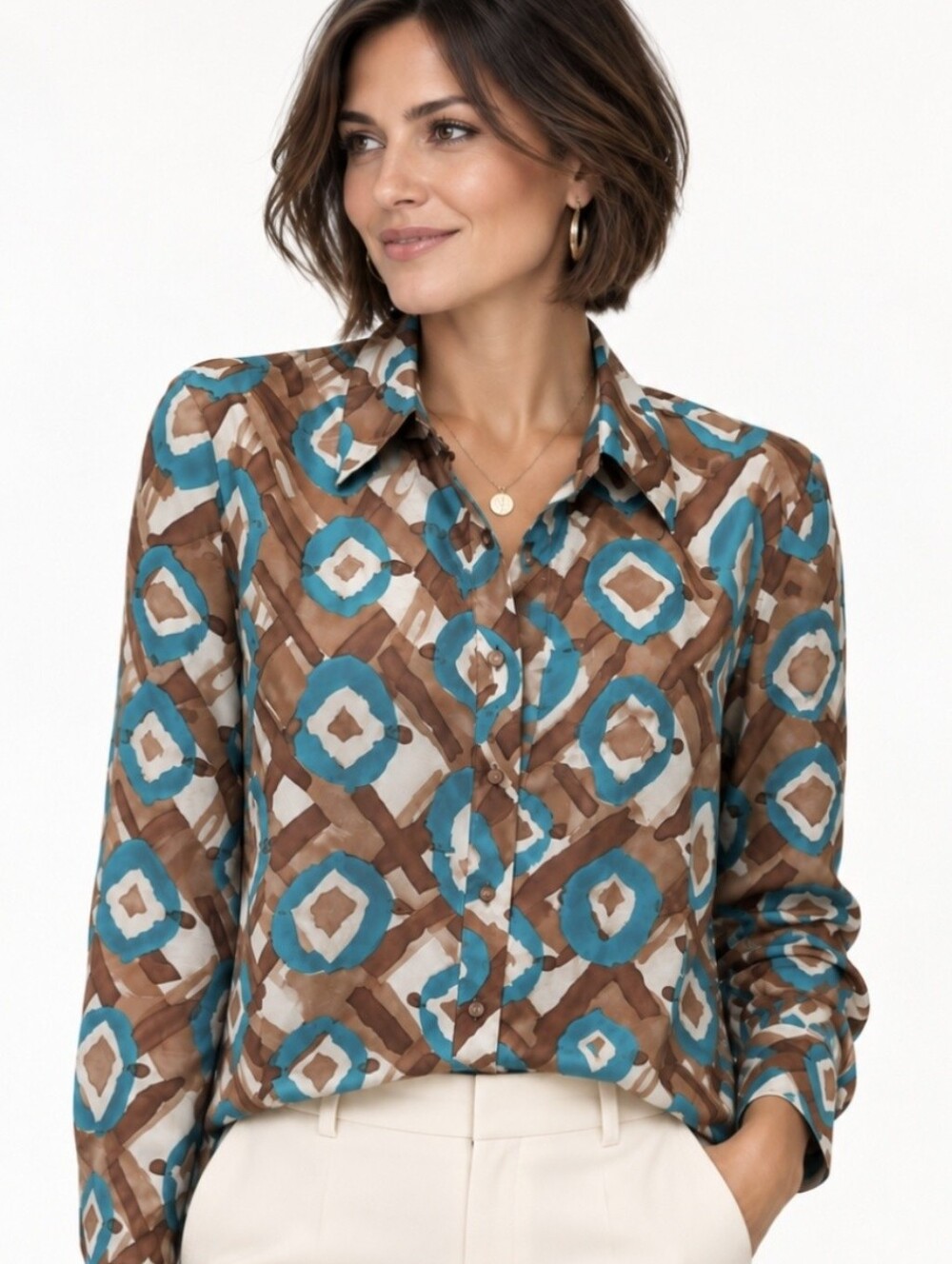 Vintage Oscar de la Renta 100% Silk Geometric Print Button Front Blouse Size 16